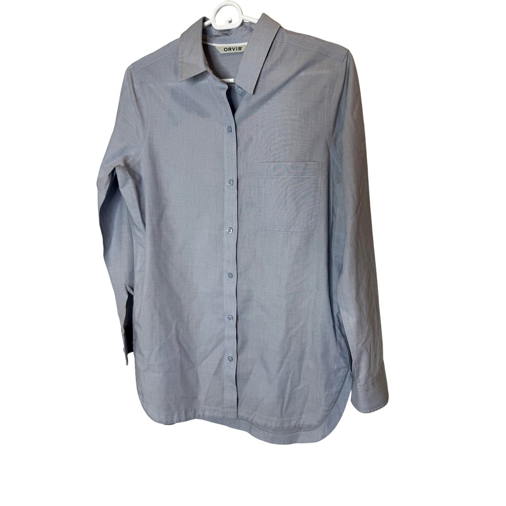Orvis Shirt Womens 8 Blue Cotton Blend Stretch Button Front Long Sleeve Collared